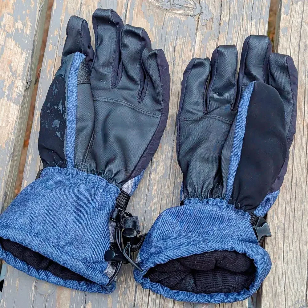 Mens Insulated Winter Ski Snowboard Gloves Blue Denim Look Adjustable Straps